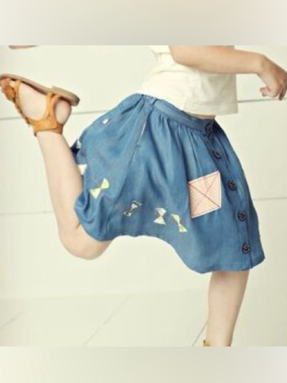Matilda Jane Fly A Kite Skirt Blue Chambray Appliqué Button Front Girls 10